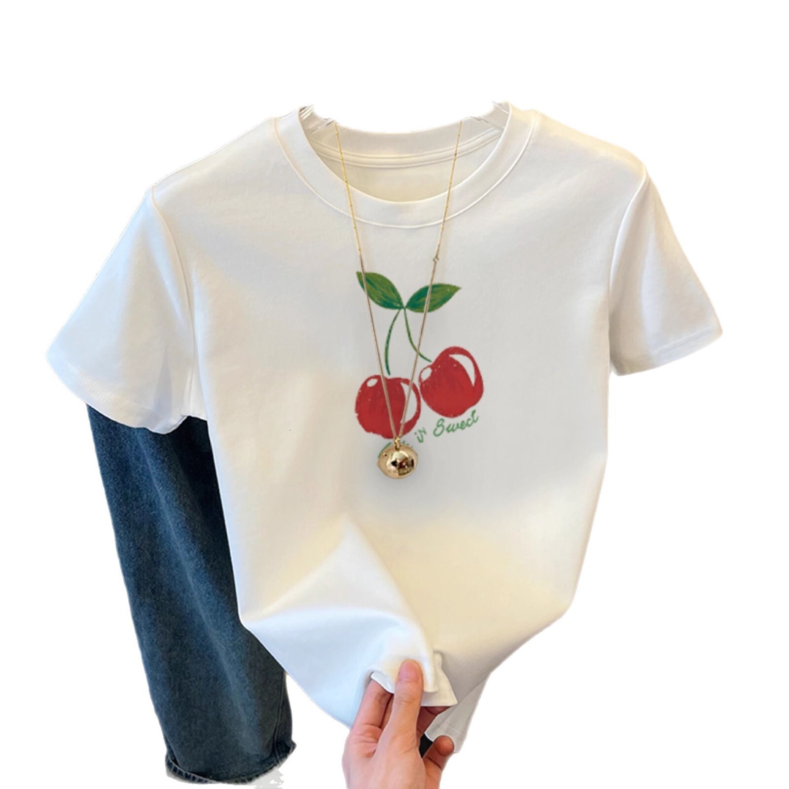 Pink cherry short sleeved women's T-shirt 2025 summer new design niche versatile pure cotton loose fit top trendy casual T-shirt5
