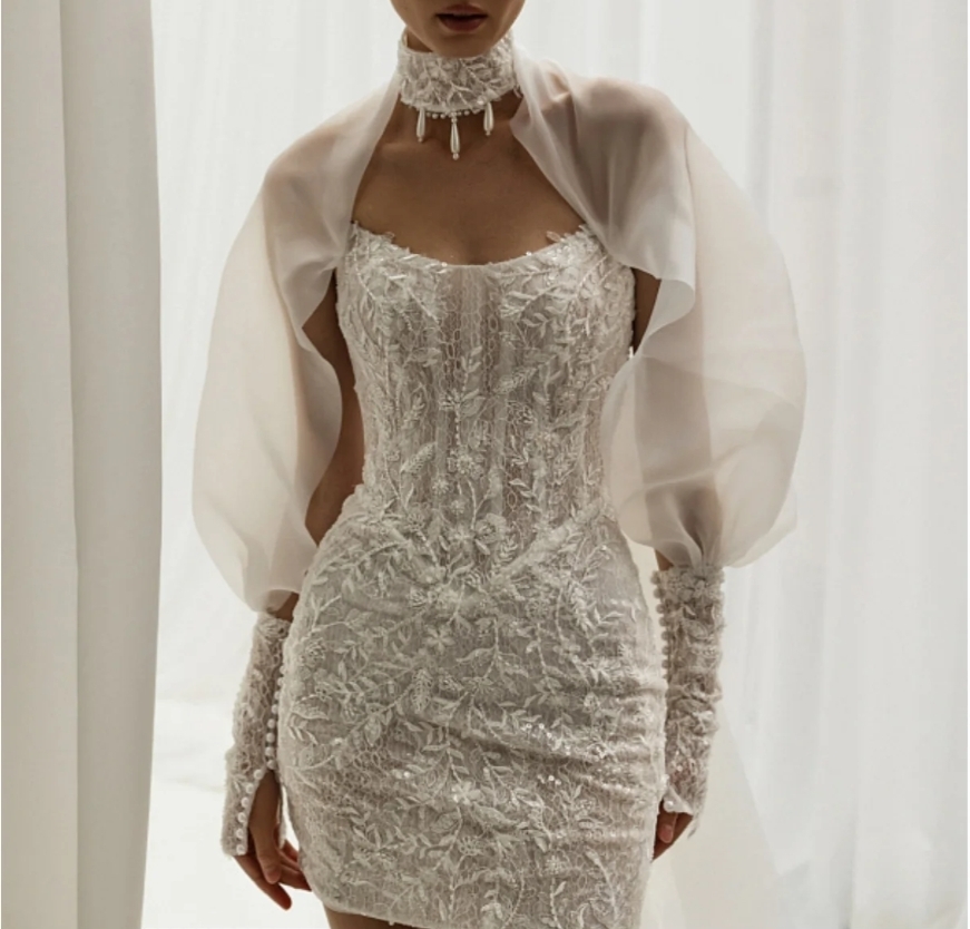 2025 Lace Short Sheath Wedding Dresses With Wrap High Collar Long Sleeves Boho Beach Bridal Gowns Appliques Beading Stylish Civil Bride Dress Back Lac