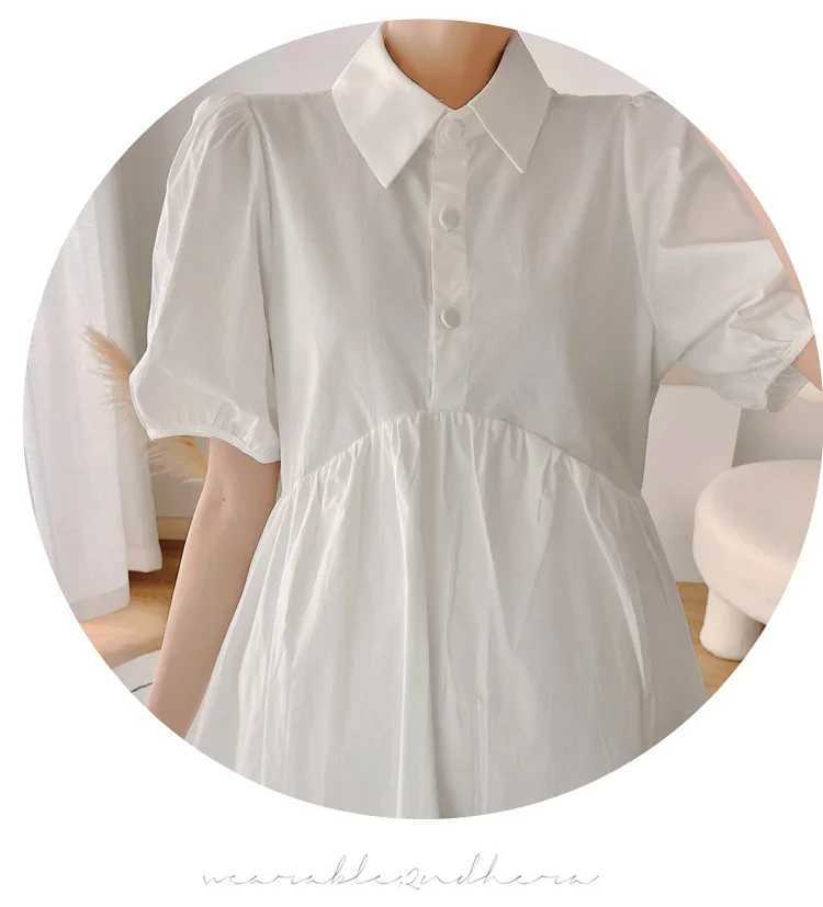 2024 Summer Turn-down Collar Puff Sleeve Pregnant Women Dress Solid Color High Waist Office Lady Elegant Dress Maternity ClothesT250311