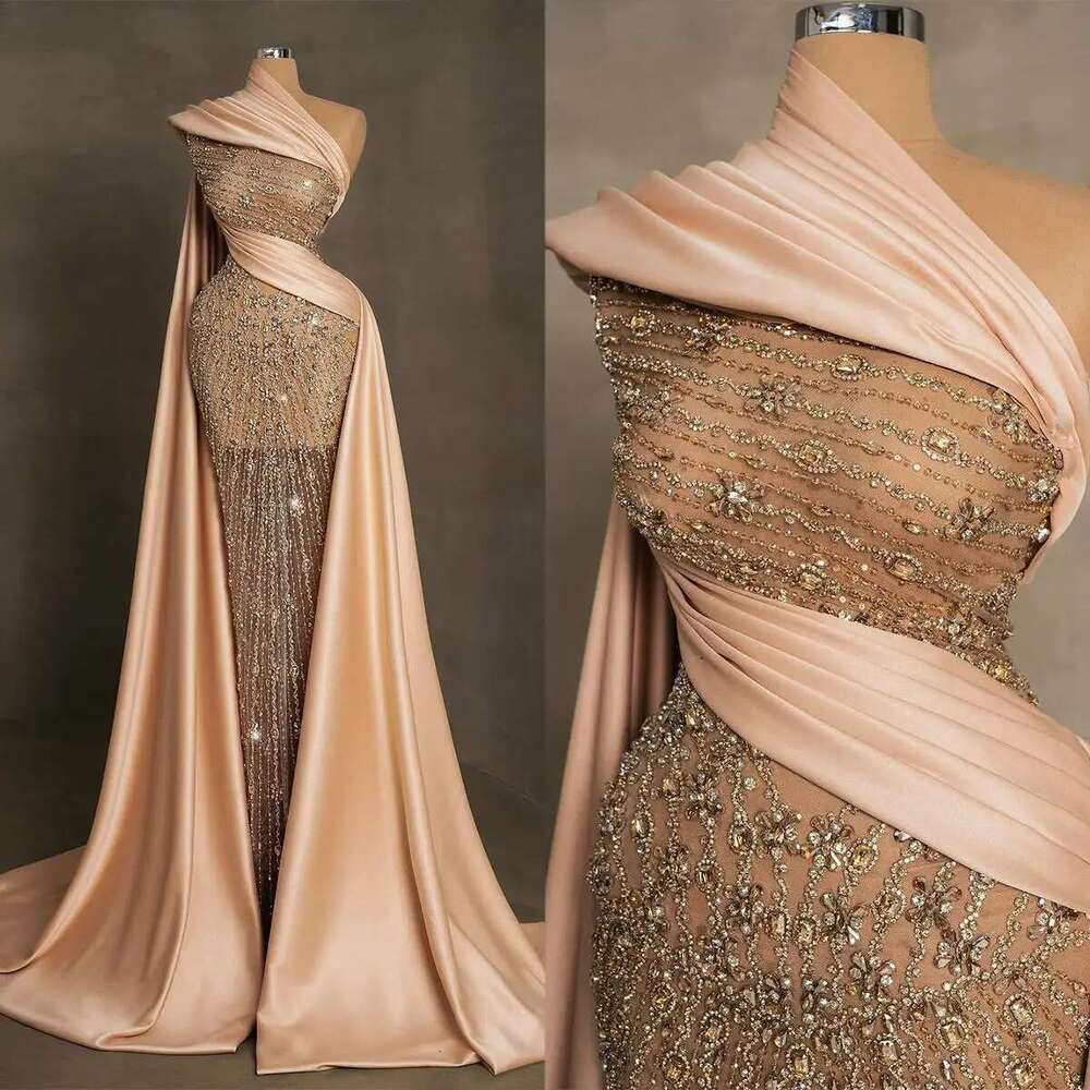 Fashion one shoulder prom of the female sleeveless mermaid crystal beads custom evening dresses formal party dress