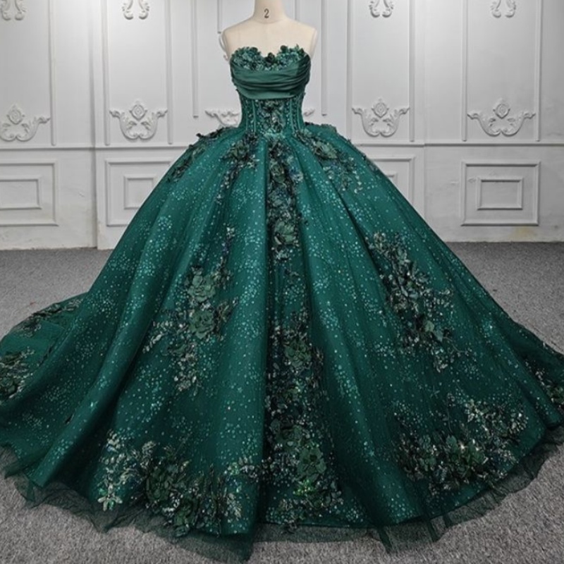 Blackish Green Shiny Off The Shoulder Ball Gown Quinceanera Dresses Birthday Party Dress Applique Flower Beaded Tull Sweet 16 Dress Vestido De 15 Anos
