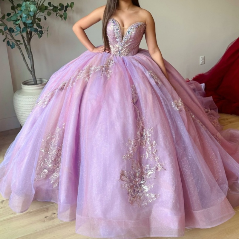 Light Lilac Shiny Off Shoulder Quinceanera Dresses Applique Lace Beads Tull Party Birthday Sweet 16 Dress Vestidos 15 De Anos