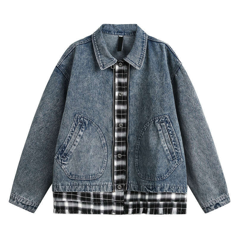 2025 American Plaid Splicing Fake Two Piece Denim For Men, New Trendy Brand Design, Couple Jacket