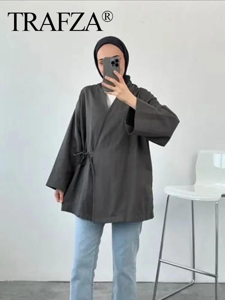 Womens Belt Pajamas Style Shirts Tops Chic Lady Spring Fashion Female Solid Loose Casual VNeck Long Sleeve Blouse 250311