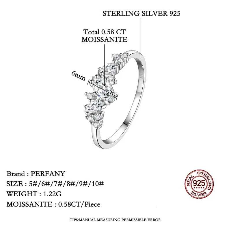 PERFANY 058CT Marquise Cut Womens Ring S925 Pure Silver Laboratory Cultivated Diamond Fashion n Jewelry 250213