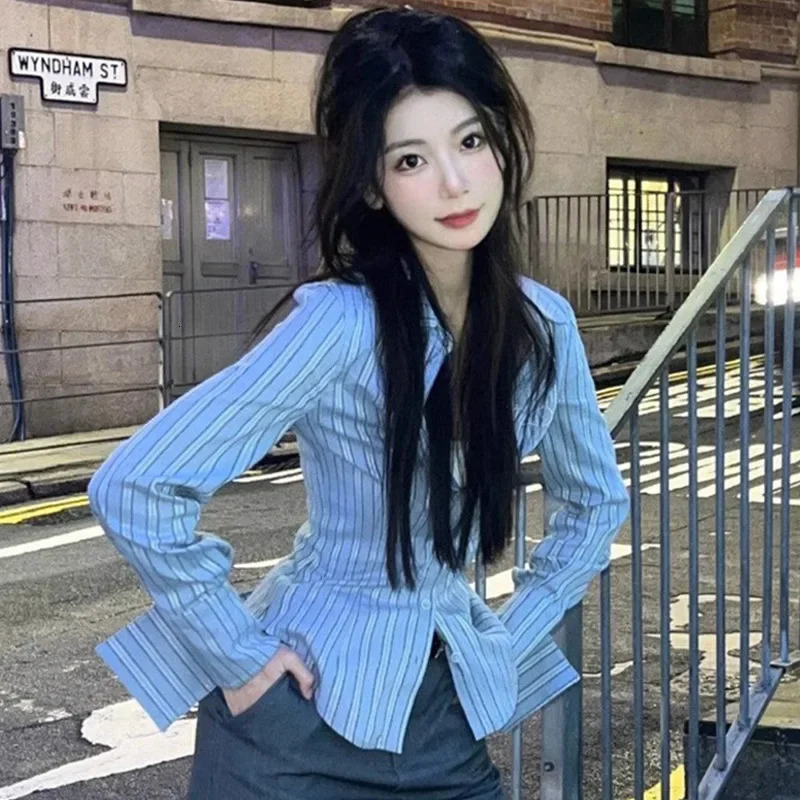 Long sleeved slim striped shirt top pure desire womens waist fit weight loss paradigm blue casual clothing 250311