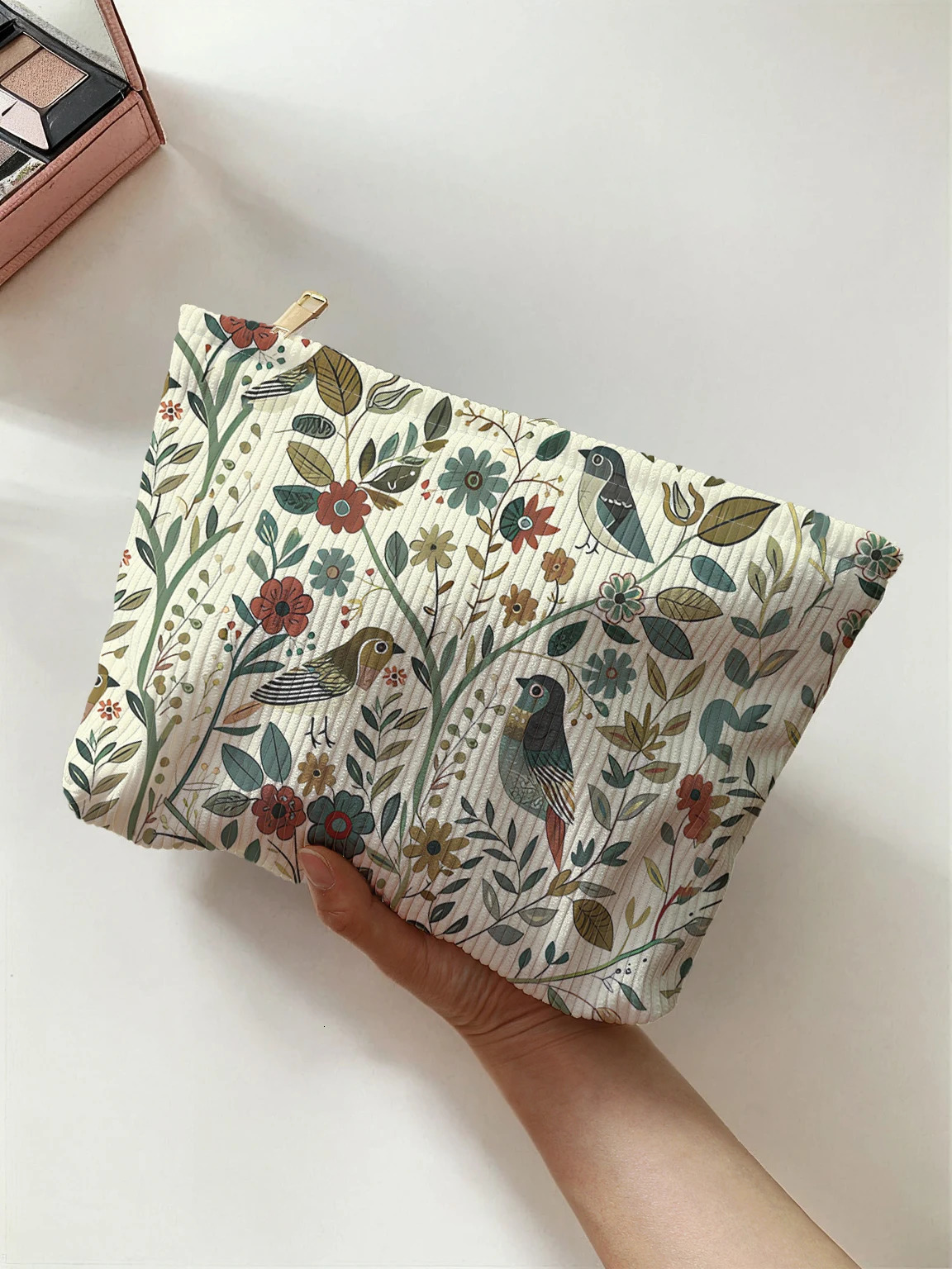 1pcBranch bird pattern corduroy zipper makeup bag lightweight and multifunctional cosmetic storage 250311