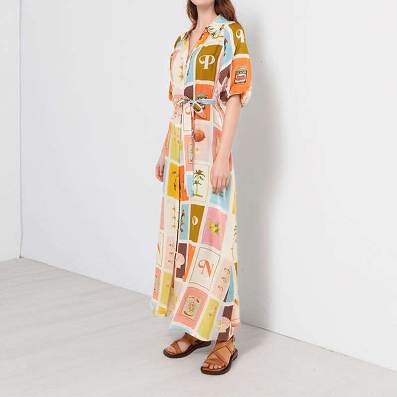 2025 Spring New Women's Printed Collar Split Tie Dress For Women KLMY
