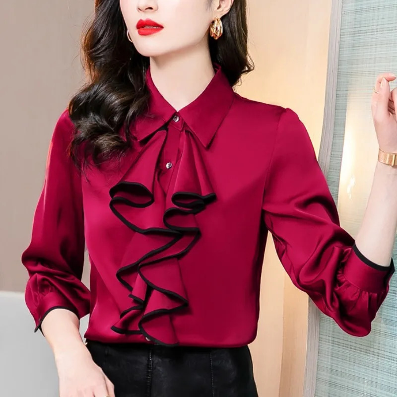 #2550 Red Chiffon Shirts Women Long Sleeve Split Joint Ruffles Office Female Regular Fit Womens Tops And Blouses Spring 250311