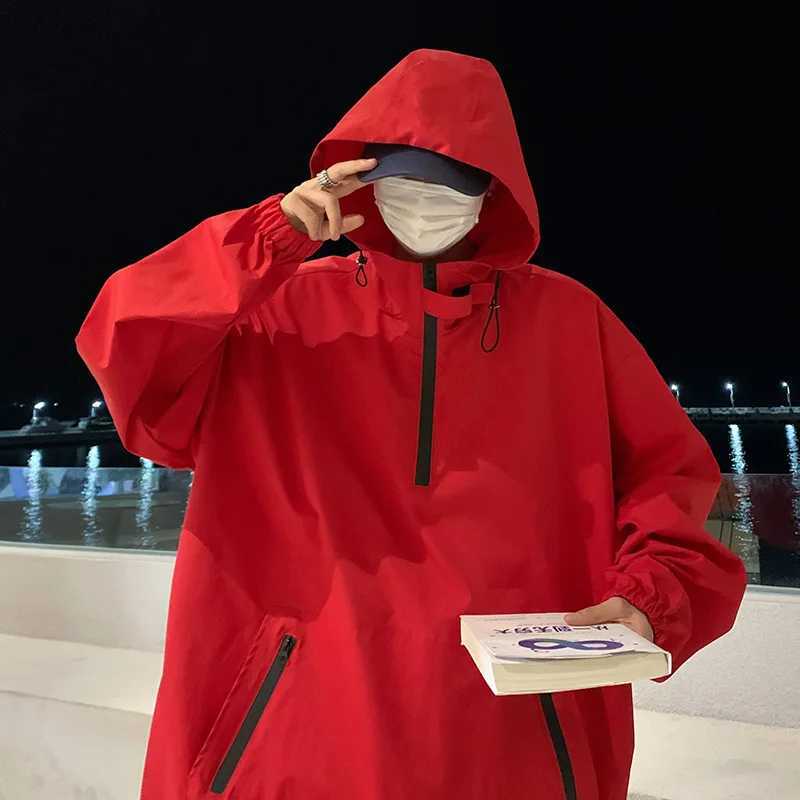 New Fashion Oversized Jackets Men Hooded Windbreaker Red Black White Front Pocket Baggy Streetwear Jogging Pullovers Coat MaleT250311