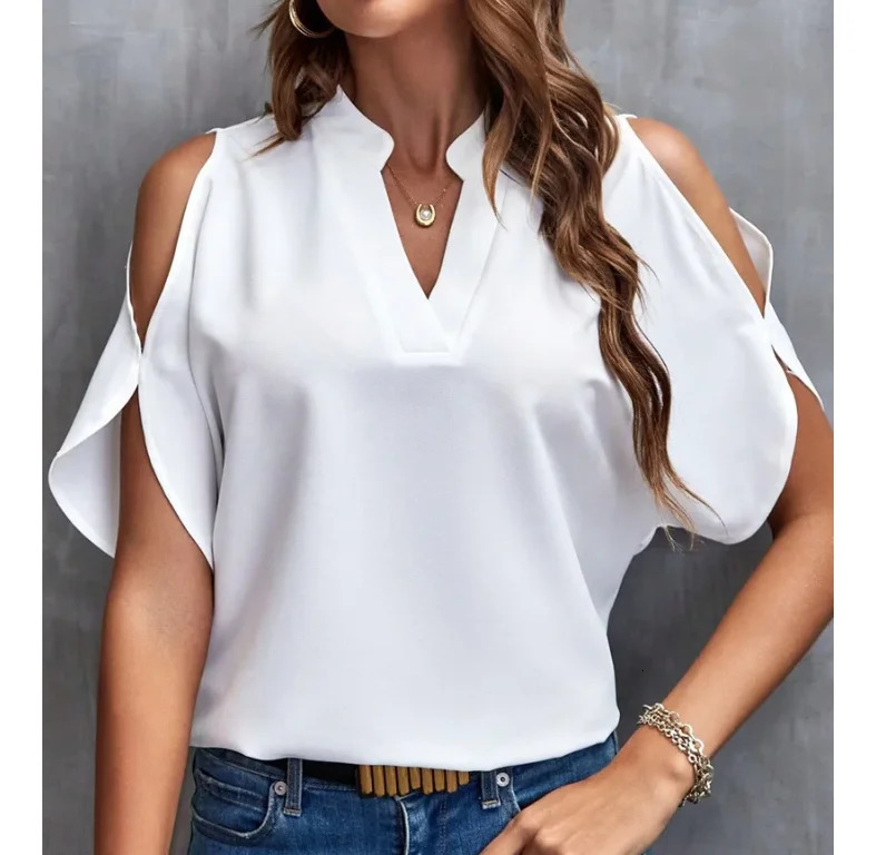 summer and autumn womens blouse shirt fashionable Vneck Solid Tops Short sleeved clothing 250311