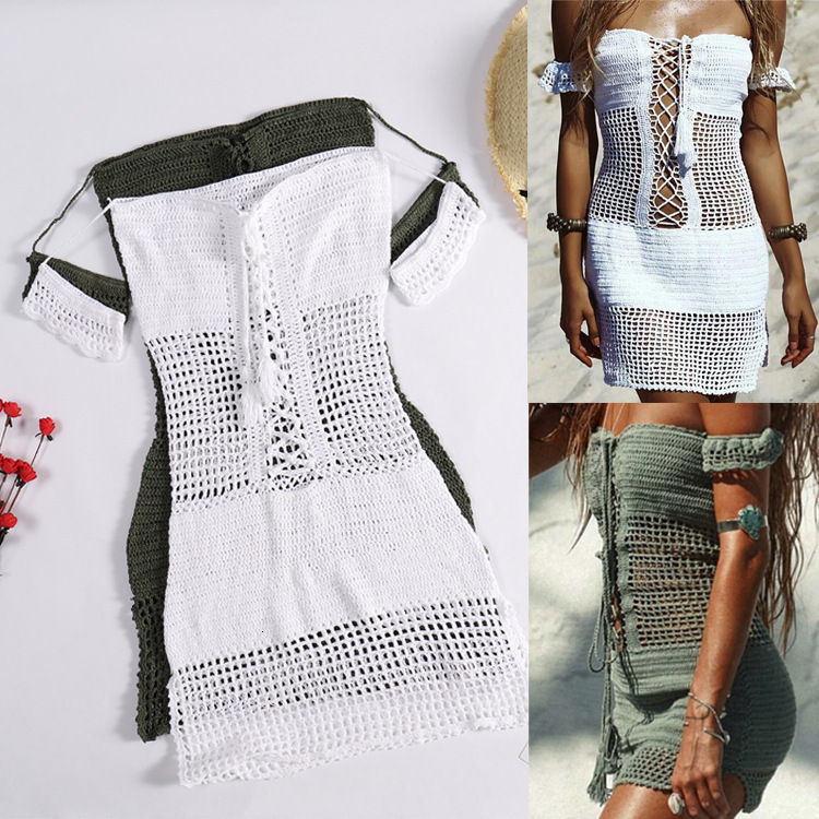 Hand Hook Knitted Cross Sexy Tie Waist Hollow Out Slim Fit Strapless Beach Jumpsuit Short Skirt