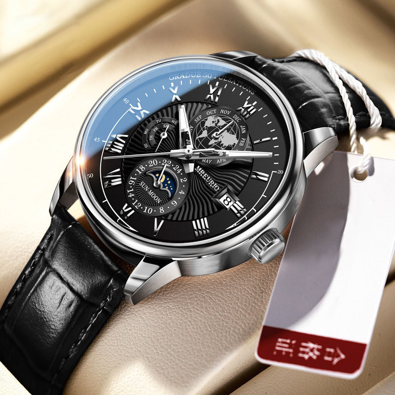 Stylish and Trendy Mens Watch with Three Eye Calendar Starry Sky Moon Design and Leather Belt Perfect for Fashionable Men