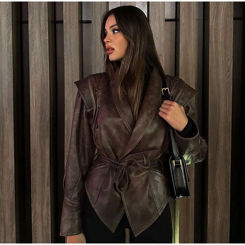 2024 Spring Women's Elegant V-Neck Slim Fit Splicing Solid Color Imitation Leather Jacket Coat