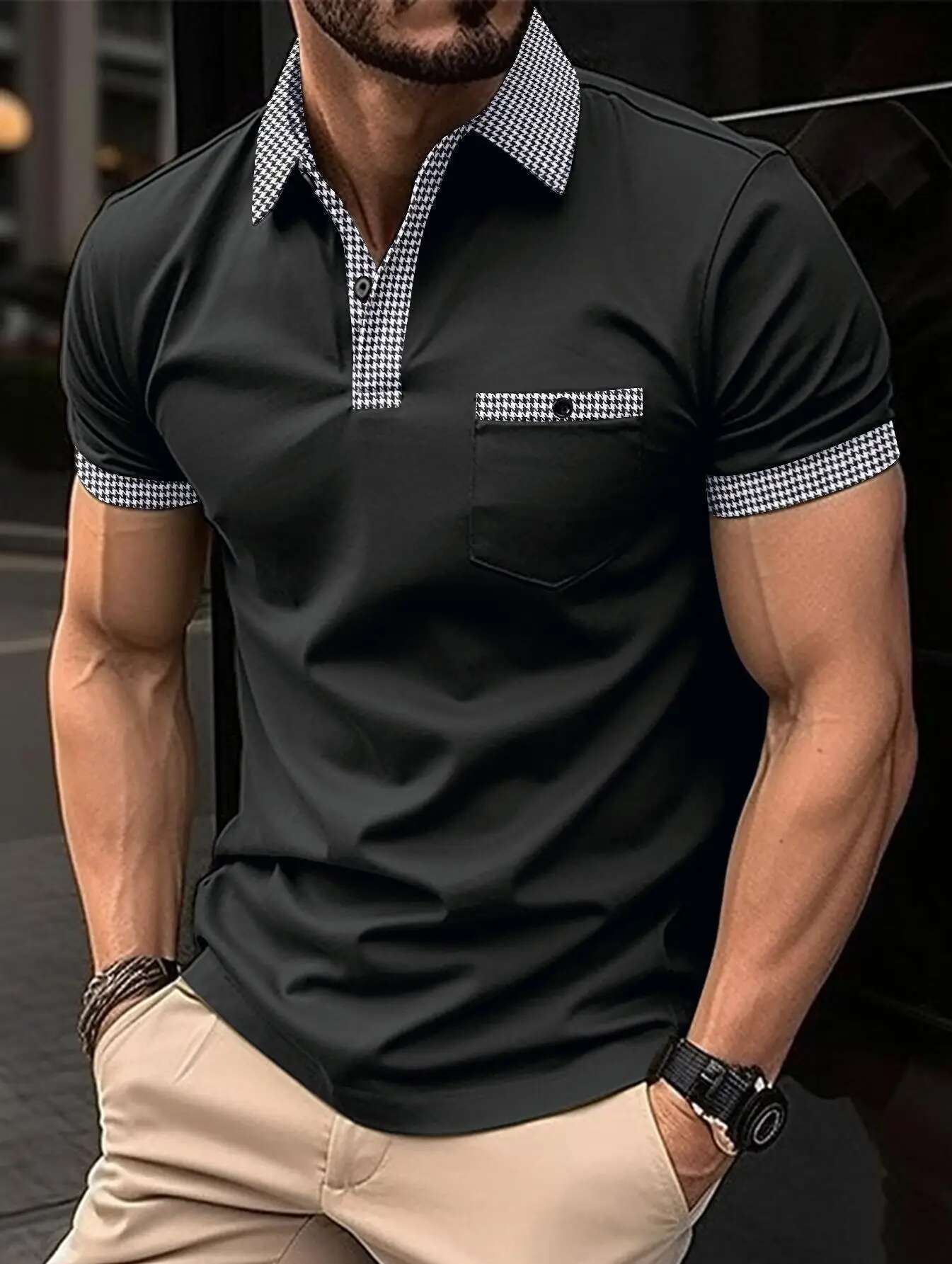 Summer Men Shirt Solid Color Turn Down Collar Button Tops Short Sleeve Business Casual Oversized Design Clothes Polo Shirts