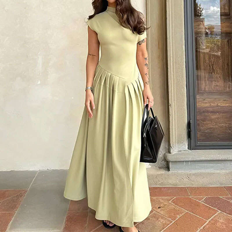 2025 New Women's Solid Color Round Neck Sloping Shoulder Irregular Pleated Spring Dress For Women 661 KLMY
