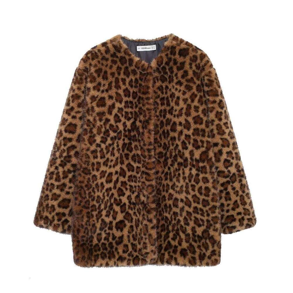 2024 Winter New Style Stylish Round Neck Long Sleeve Animal Pattern Fury Warm Coat For Women 5660