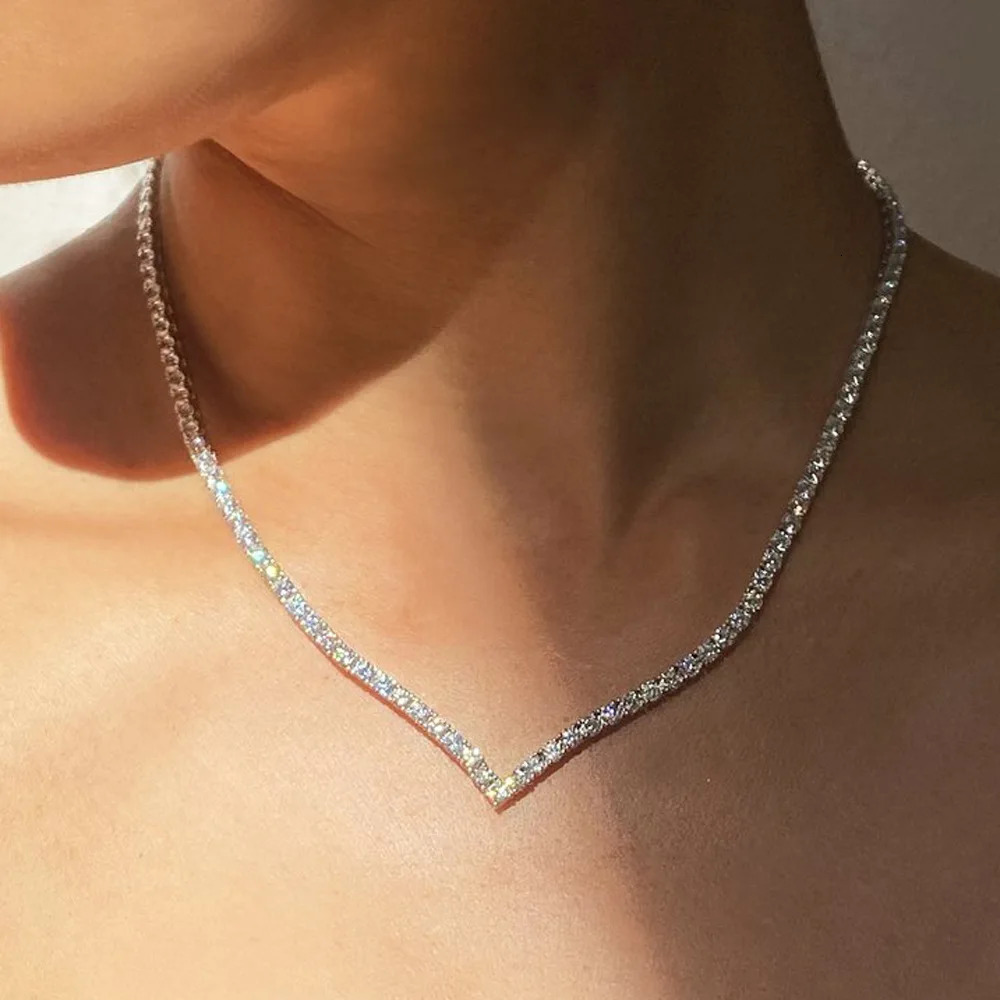 Stonefans V Shape Rhinestone Necklace Choker Wedding Accessories Fashion Jewelry Crystal Tennis Chain Necklace Statement Collar 250310