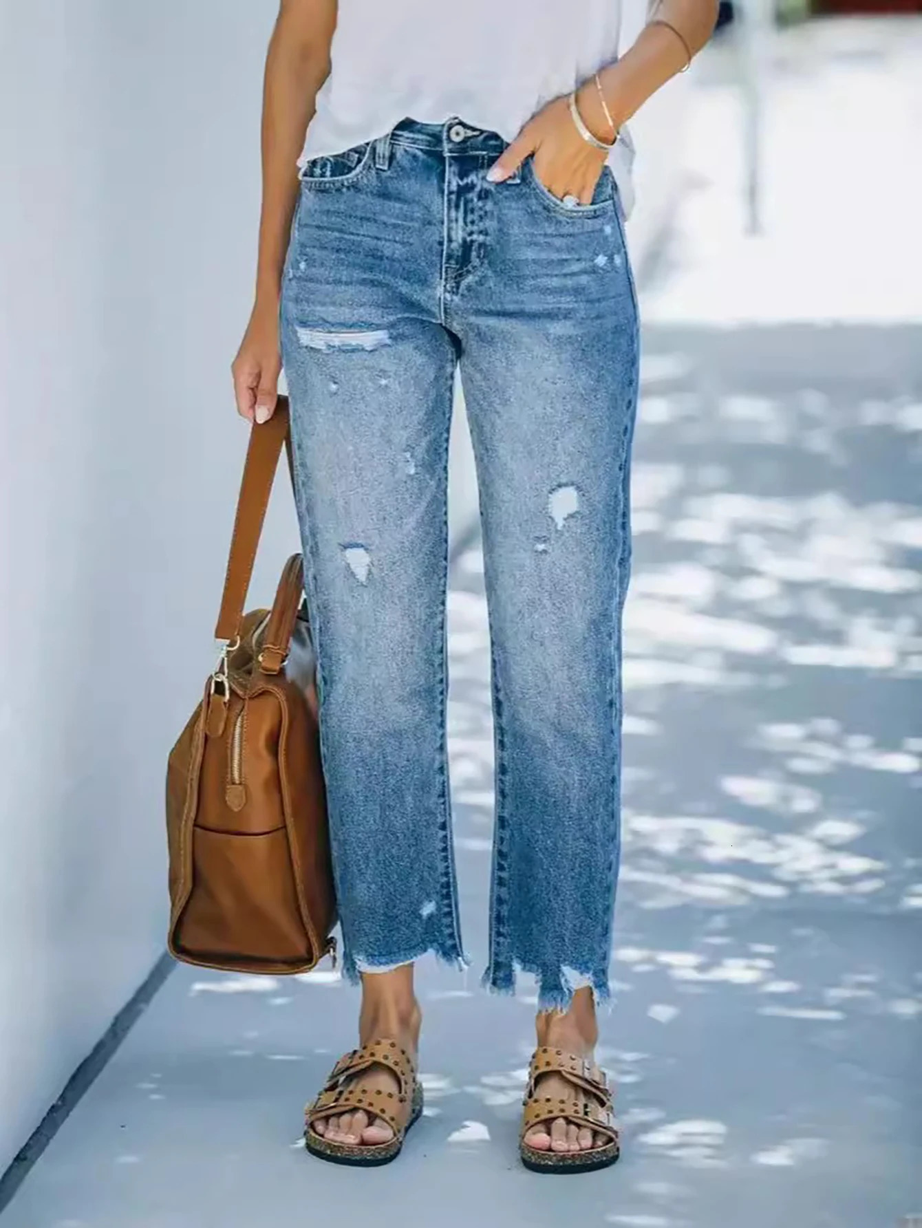 Womens selling midwaist straight pants washed casual ripped jeans 250311