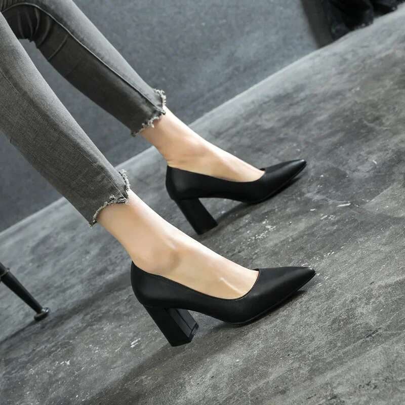 High Heel Block Heel Small Size High Women Shoes Black Pumps Ladies Heels