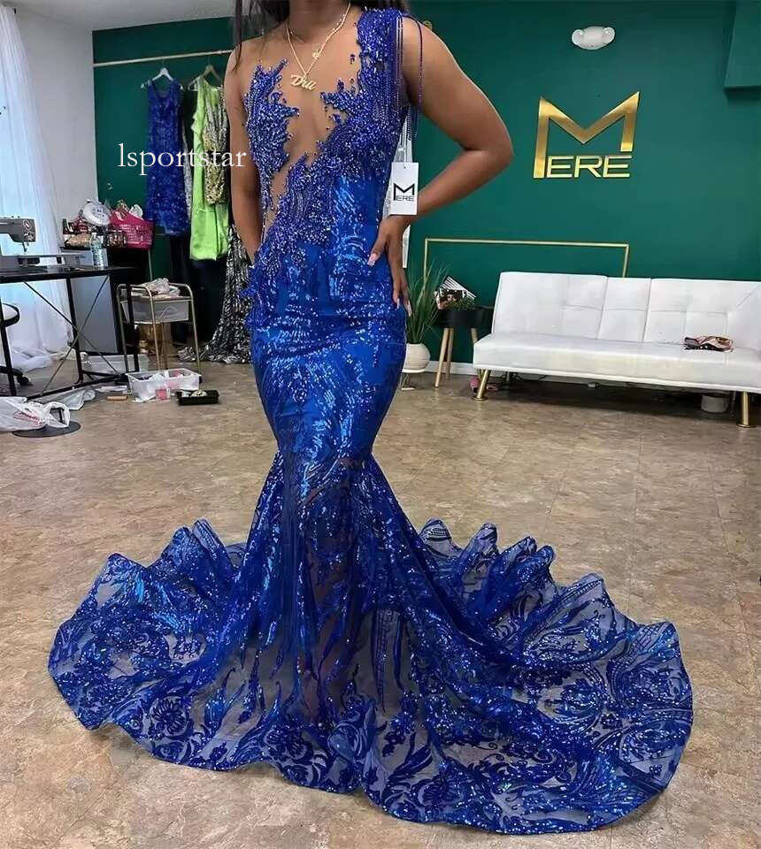 Royal Blue O N Sequin Long Prom For Black Girl Bead Crystal Evening Dress Tassel 2025 Birthday Dresses Customized