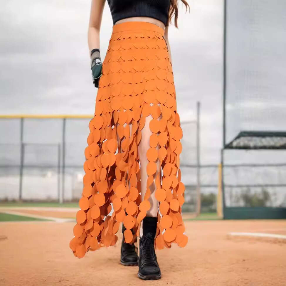 Fashionable Design Long Hip Bag 2024 Spring New Collection Splicing Round Disc Tassel High Waist Skirt