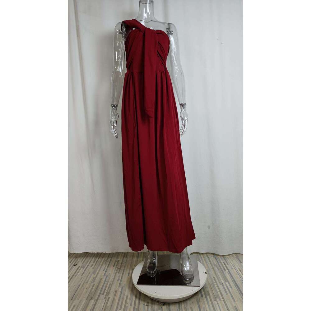 Women's Temperament, Solid Color, One Shoulder, Sexy, Cinched Split Waist, Floor Length Dress KLMY