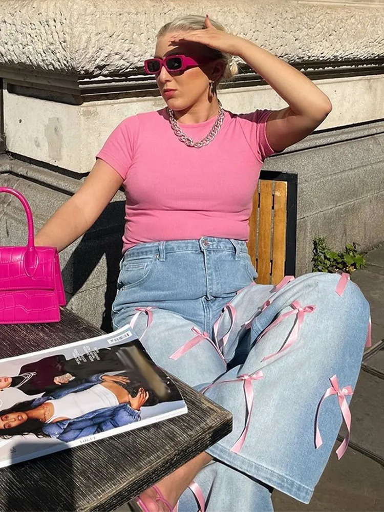 Ribbon Bow Straight Baggy Jeans Women High Waist Washed Distressed Long Pants Casual Fashion Sweet Loose 250311