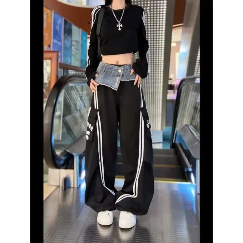 American Style Trendy Denim Two-Piece Illusion Cargo Pants Women's Autumn New Fashion Striped Multi-Pocket Bell Bottoms Casual P