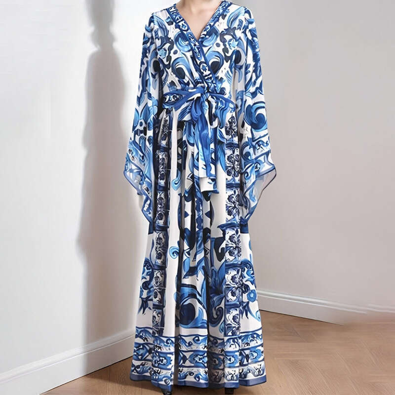 Women's Clothing 2025 Blue White Porcelain Printed Skirt Women, Showing A Slim Elegant Temperament, Long Sleeved And Large Swing Dress For Women 
