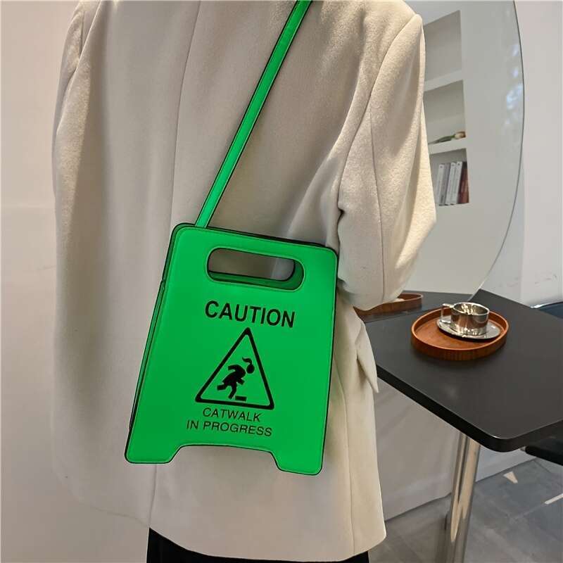 Warning Design Novelty Faux Leather Crossbody Bag, Creative Stop Sign Purse For Women