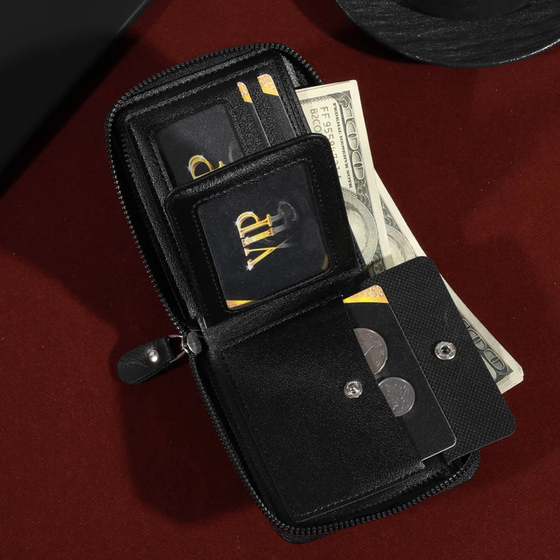 Mens Zipper Short Wallet Multi Card Cardholder PU Leather Double Fold with Coin Pocket Gift 250311