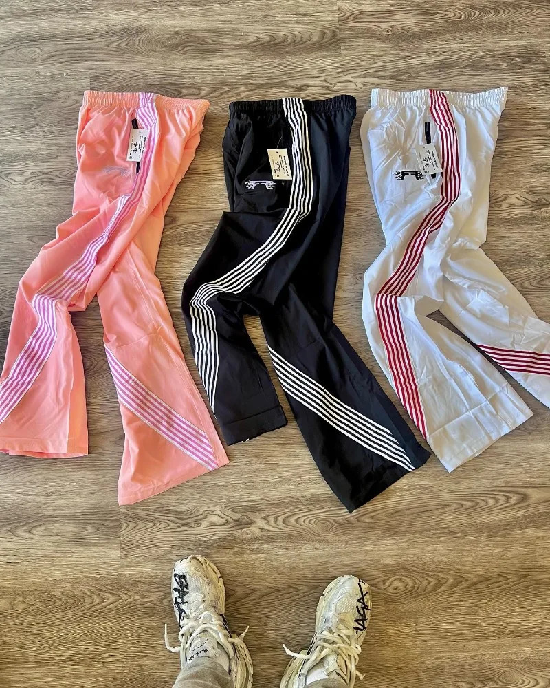 American retro trend striped stretch waist womens nine point pants Y2K Harajuku fashion loose casual couple sports wide leg 250310