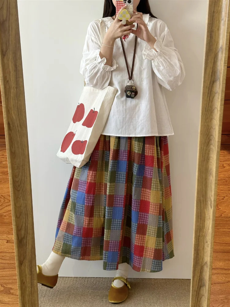 Womens Aline Colorful Checkered Pattern Umbrella Skirt Young Girl Vintage Fashion Female High Waist Loose Calflength Skirts 250311