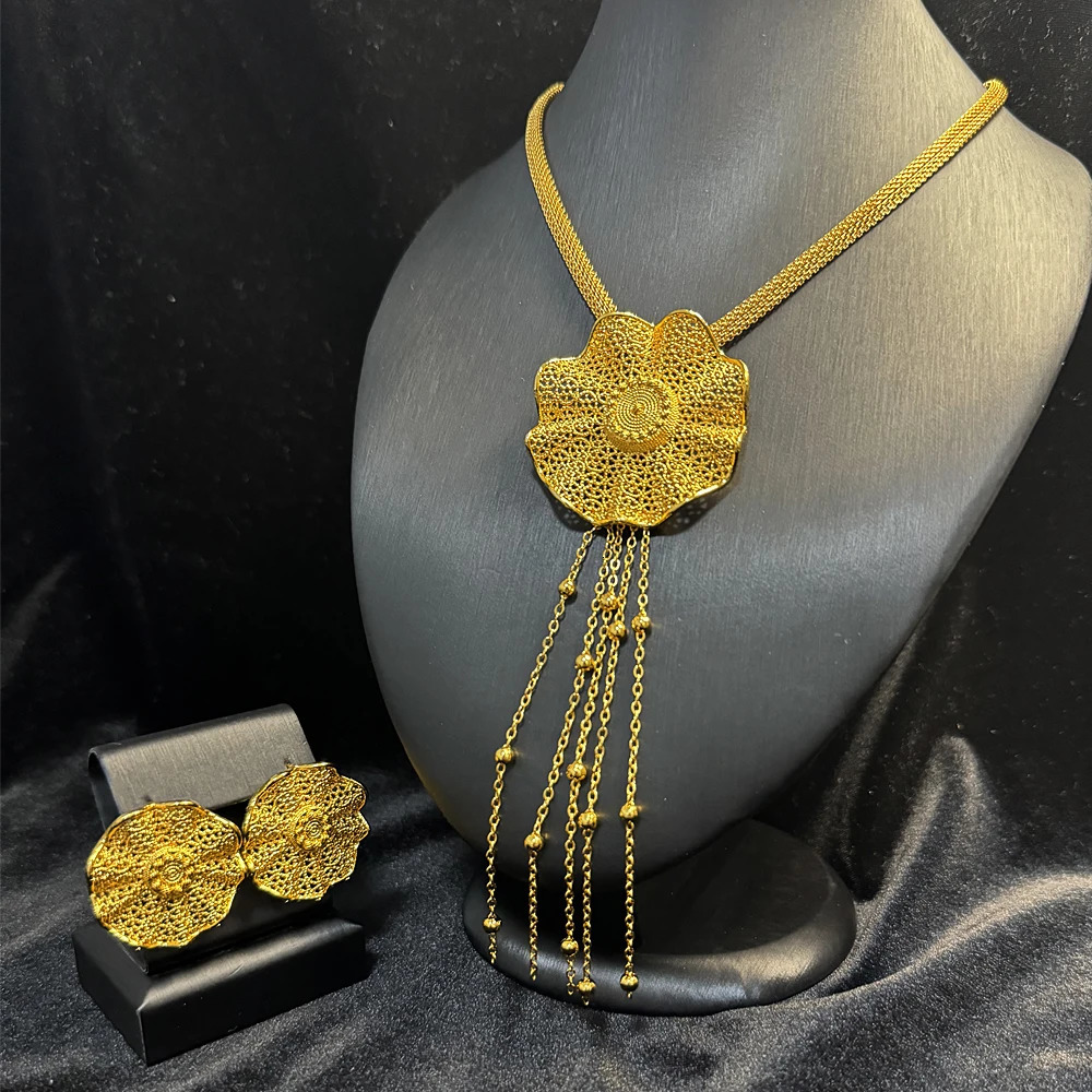 Dubai 24K Gold Long Jewelry Set Wedding African Necklace Earrings Nigerian Women Indian Bridal Party Gift 250311