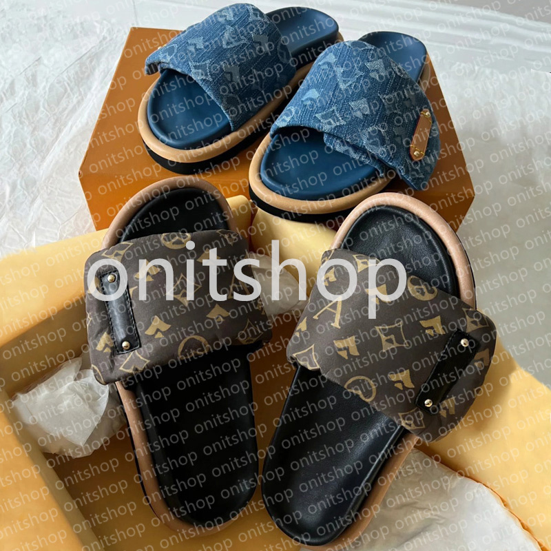 Slides Slippers Designer Pool Pillow Men Sandals Women Platform Slipper Classic Brand Summer Beach Scuffs Flat Comfort Mule Denim Embossed Slide Soft Sandal 35-45 ee