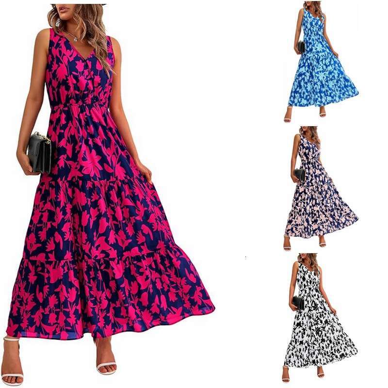 popular European American women's V-neck elastic waist casual sleeveless printed dress 2025 new style chic and elegant clothing