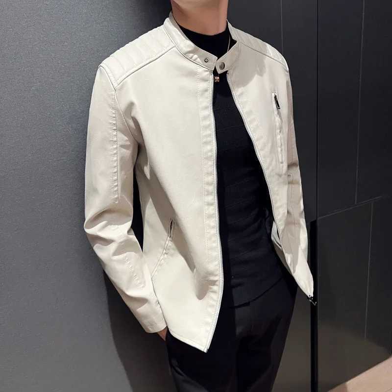 Mens White Leather Jackets Fashion Trend Simple Personality Mens PU Leather Jackets Winter Slim Windbreaker Mens Autumn SpringT250311