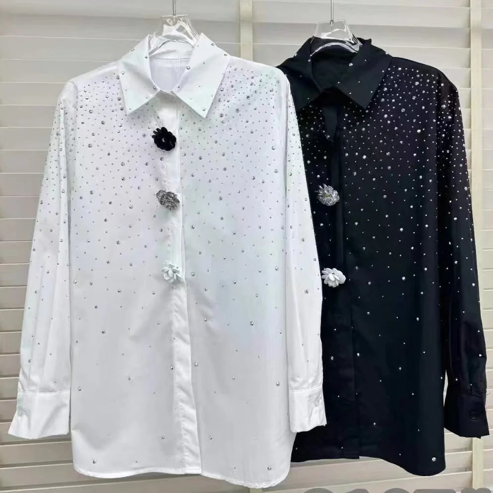 Diamond Black and White Womens Shirt Fashionable Long Sleeve Button Top Blue 250311