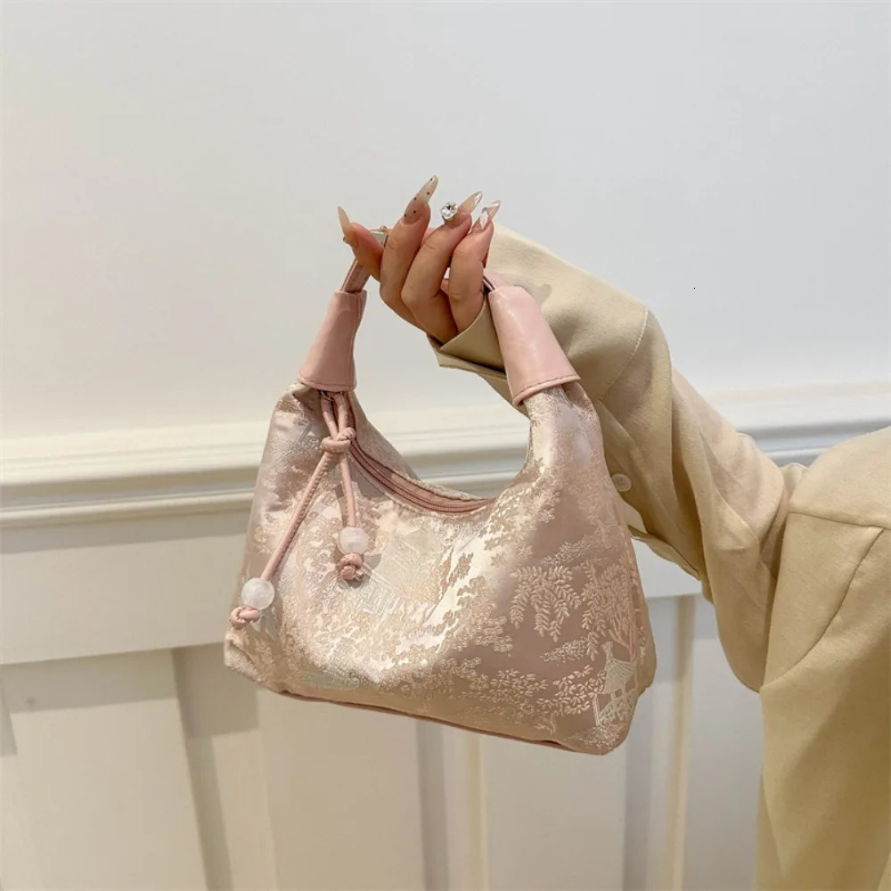 Sweet Embroidery Shoulder Bag Nylon Texture Pearl Pendant Crossbody Bag Small Bucket Handbag Women Girl R250311