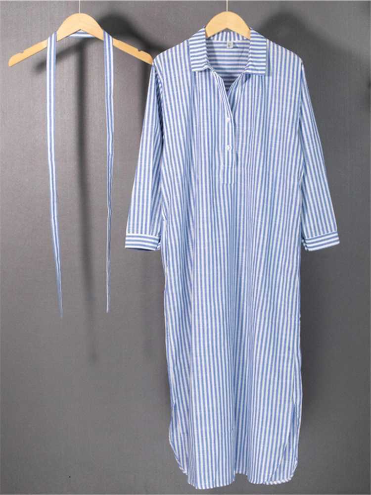 Colorfaith DR2268 2023 New Striped Lace Up Cotton and Linen Shirt Dress Spring Summer Women Korean Fashion Chic Long DressesT250311