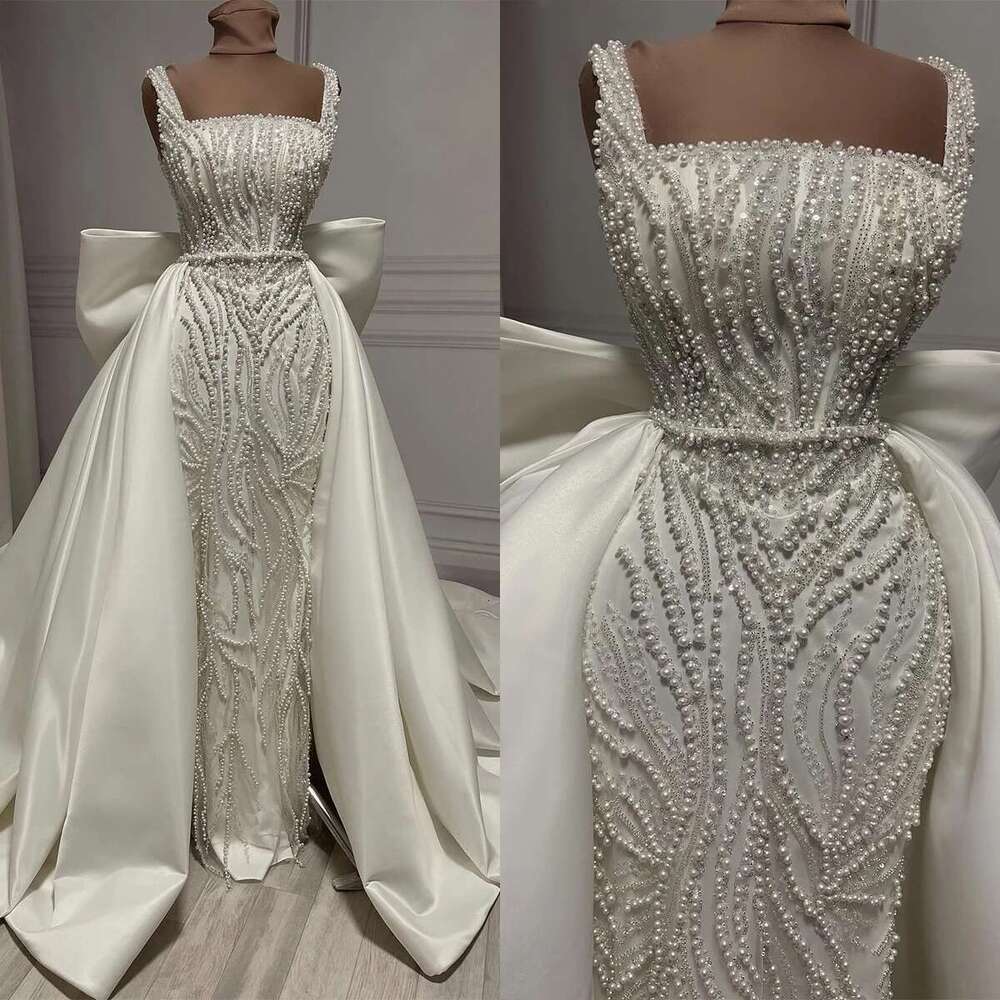Pearl Mermaid Dresses, Elegant Square Neck Wedding Dress, Detachable Train, Bow Sleeves Tie Bridal Dress