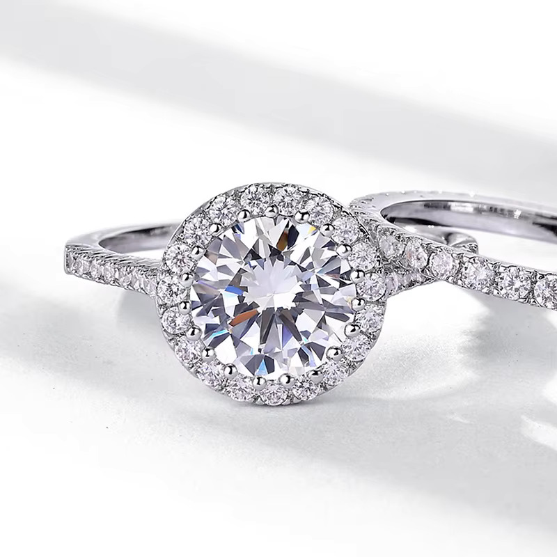 Custom Jewelry White Gold Plated VVS1 GRA 1.5ct 2ct 8mm Moissanite Diamond Wedding Ring Set Jewellery for Couple