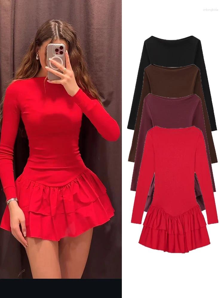 Casual Dresses Women Solid Tierred Mini Elegant O-neck Long Sleeve Slim Ruffles Party Dress Summer Streetwear
