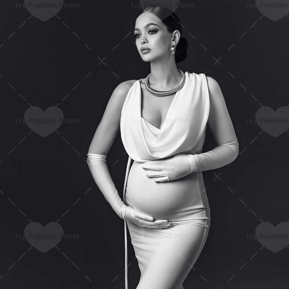 Photo shoot Pregnant womens party dress with solid color single shoulder slim fit elastic fabric X250224