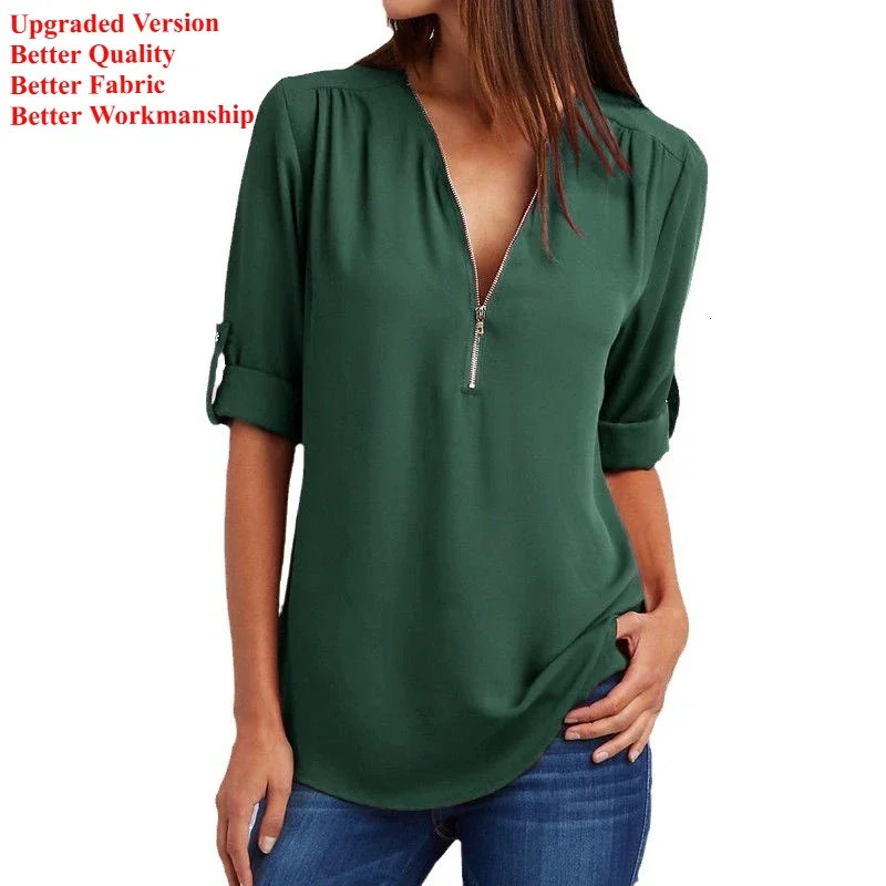 Quality Sale Plus Size Deep V Neck Women Blouse Chiffon Cool Loose Shirt Fashion Casual Ladies Tops Sexy Zipper Pullover 250311