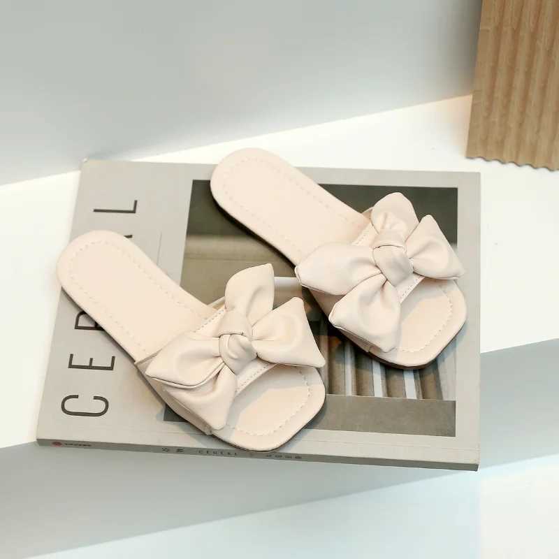 Summer Girls Slippers Flat Bowtie Sweet White Beige Children Sliders Light Slip-on Fashion Leisure Vacation Kids Sandals 27-36T250311