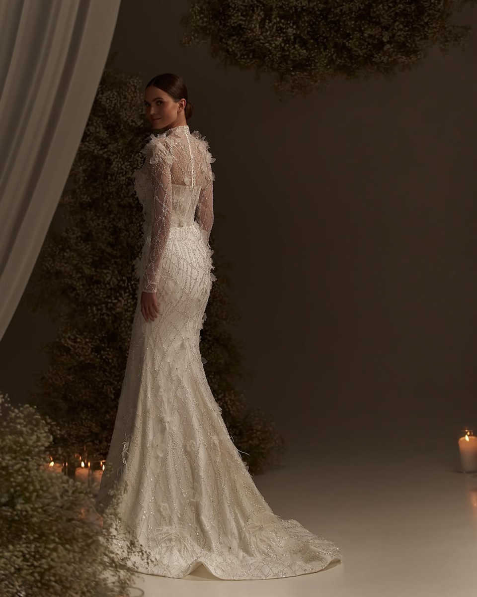Designer Mermaid Wedding Dress High Collar Long Sleeves Bridal Gowns Appliques Sequins Sweep Train Dresses Custom Made vestidos de novia