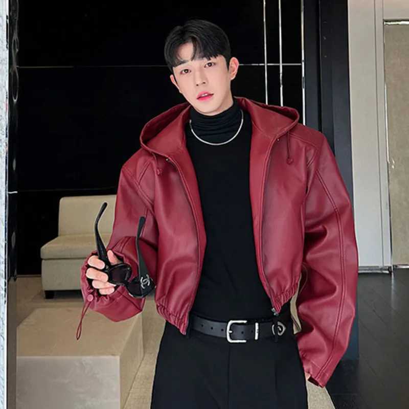 IEFB American Style Mens Jackets Casual Pu Leather Drawstring Hooded Solid Color Loose Male Coats Personalized Autumn 9C7986T250311