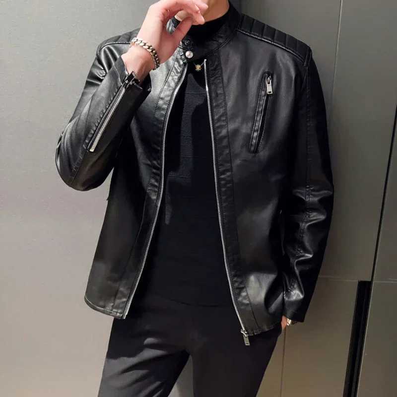 New Mens Autumn and Winter Collar Fashionable Workwear Motorcycle Leather Jacket Casual Trend PU Leather JacketT250311